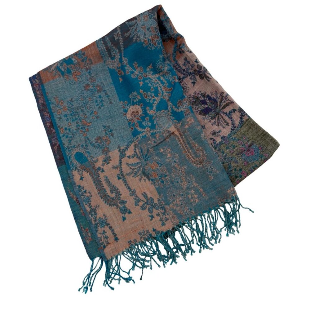 Boho Turquoise Patchwork Scarf with Fringe